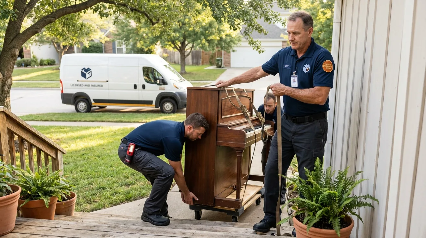 Licensed piano movers securing grand piano in Newton, NC