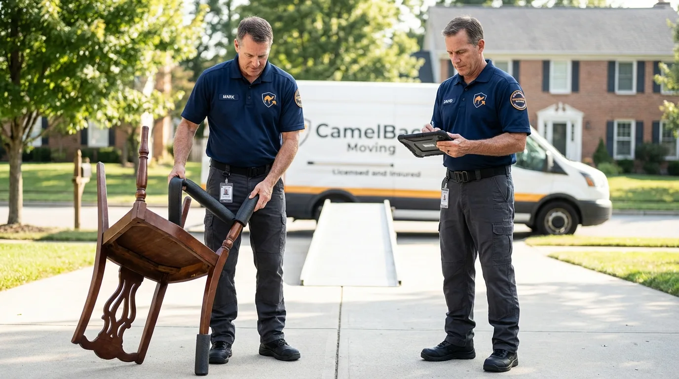 Movers inspecting furniture for damage prevention before loading in Newton, NC